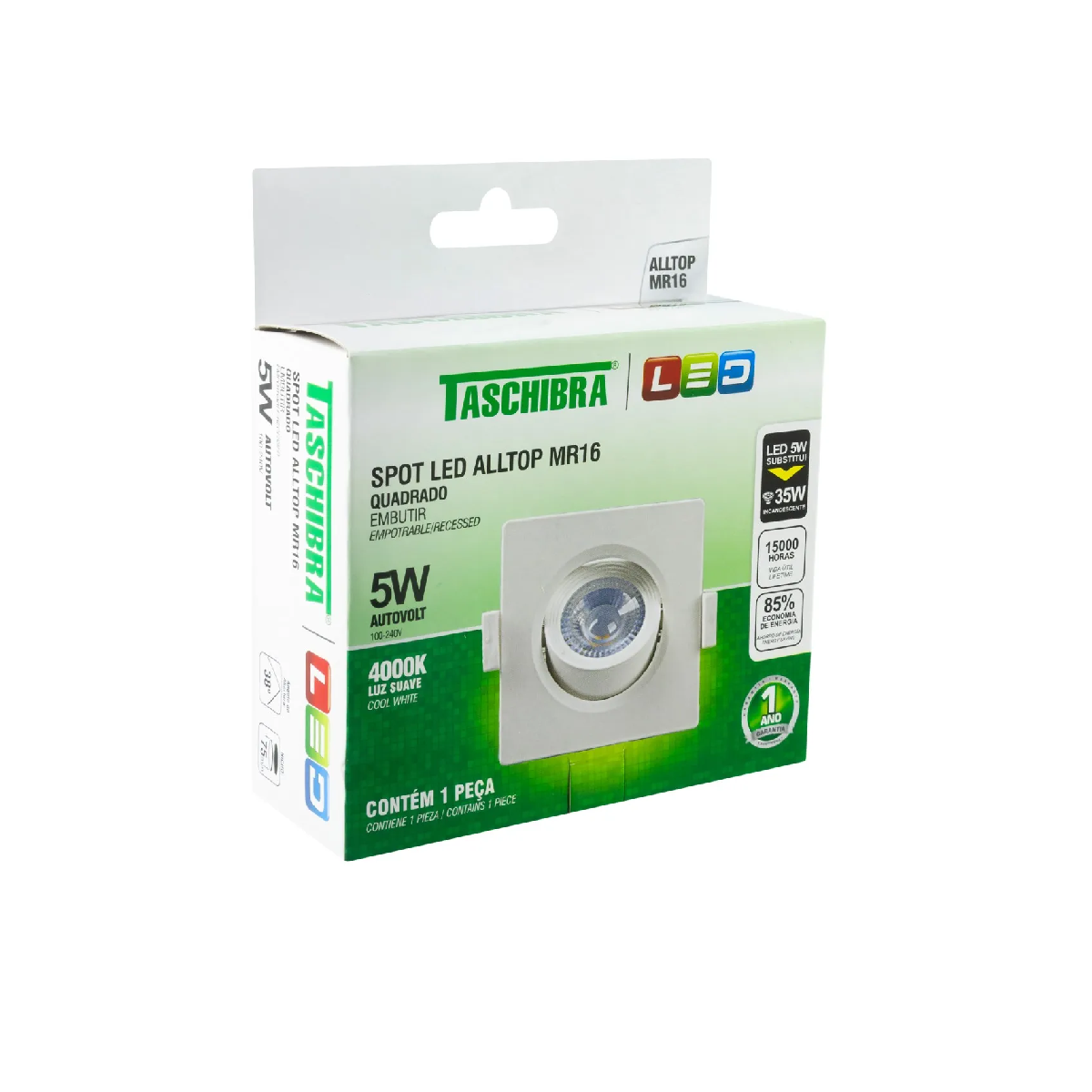 SPOT EMBUTIR QUADRADO BRANCO ALLTOP LED 4000K 5W - TASCHIBRA