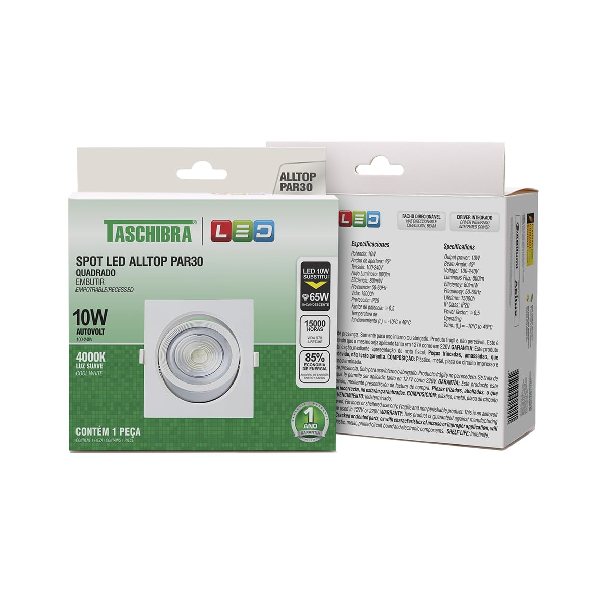 SPOT EMBUTIR QUADRADO BRANCO ALLTOP LED 4000K 10W - TASCHIBRA