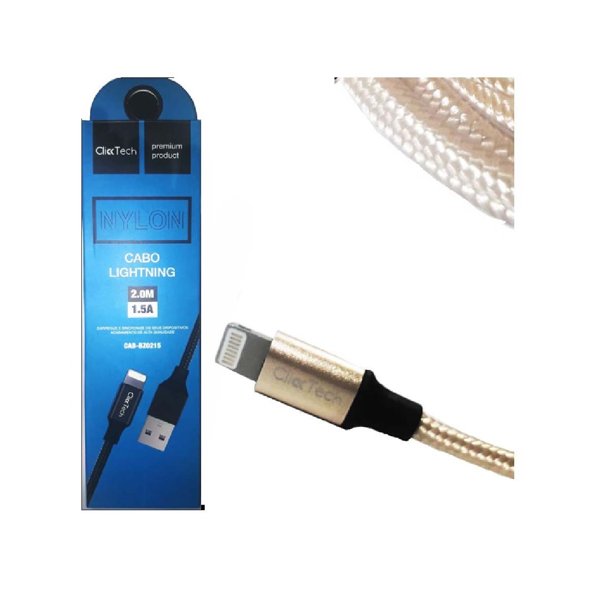 CABO USB P/ IPHONE 5/6 NYLON 1M PRETO/DOURADO